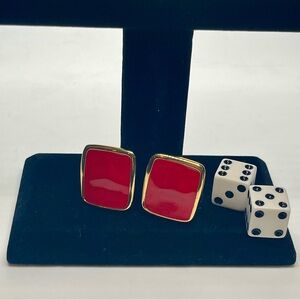 Vintage Monet Red Enamel Square Clip On Earrings Gold Tone